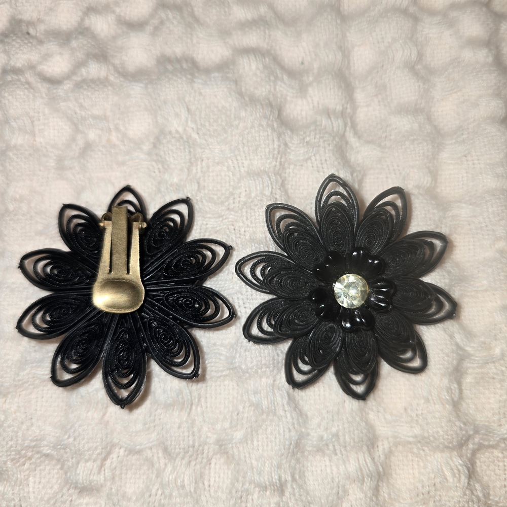 Black Floral Clip-On Earrings